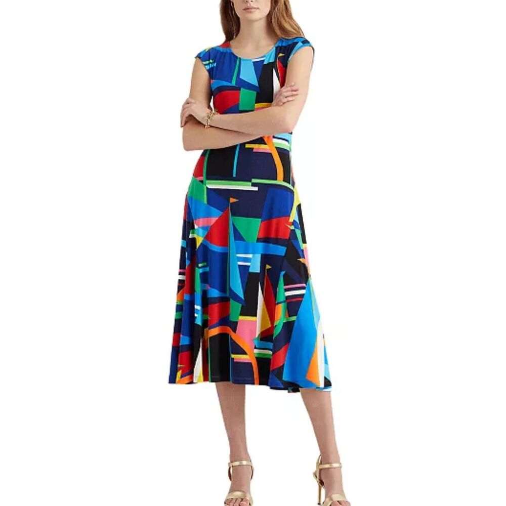 RALPH LAUREN Black Label Multicolor Geometric Print Midi Sailboat Dress S/P